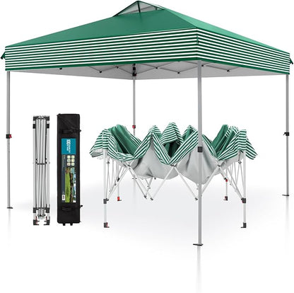PHI VILLA Pop Up Canopy 10 10 Tents for Parties with Wheeled Bag, Portable Lightweight Folding w/Adjustable Height,Green and White Stripes，Green Stripe