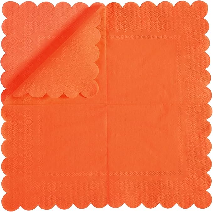 200 Pack Cocktail Napkin 2-Ply Scalloped Edged Dessert Napkins Folded 5 x 5 Inches Disposable Napkins for Dinner Wedding Birthday Party Bridal Anniversary Reception Event (Orange)