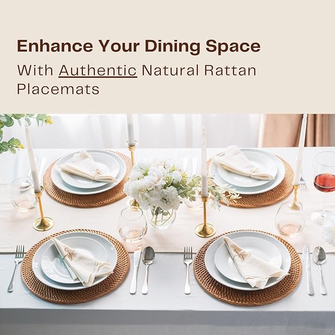 2-Pack Rattan Placemats - 13-inch Round Placemats (Honey Brown) - Woven Place Mats, Round Table Mats - Wicker Chargers for Dinner Plates, Plate Chargers Boho - Rattan Decor, Kitchen Table Decor
