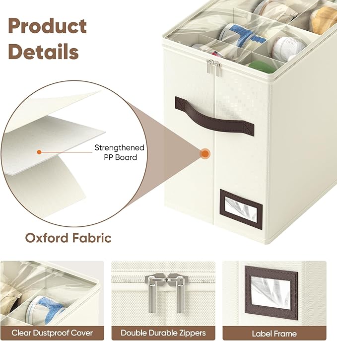 OIAHOMY 4 Pack Shoe Organizer for Closet, Foldable Shoe Storage Bins with Adjustable Dividers, Stackable Oxford Cloth Sneaker Boxes for Entryway Bedroom, Fits Up to 32 Pairs, Beige