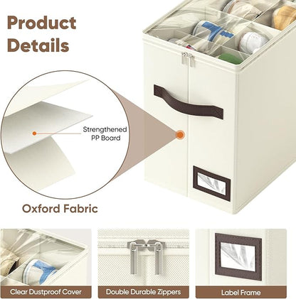 OIAHOMY 2 Pack Shoe Organizer for Closet, Foldable Shoe Storage Bins with Adjustable Dividers, Stackable Oxford Cloth Sneaker Boxes for Entryway Bedroom, Fits Up to 16 Pairs, Beige