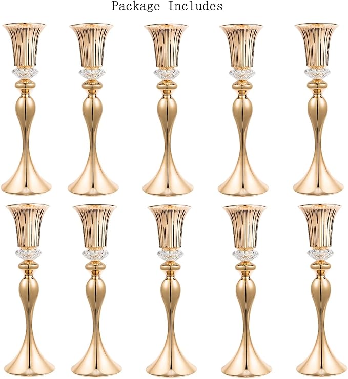 10Pcs/Set Flower Centerpiece Table Decorations Gold Trumpet Vases with Crystal Bead for Wedding Centerpieces Birthday Party Event Home Decor