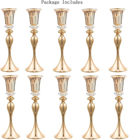 10Pcs/Set Flower Centerpiece Table Decorations Gold Trumpet Vases with Crystal Bead for Wedding Centerpieces Birthday Party Event Home Decor