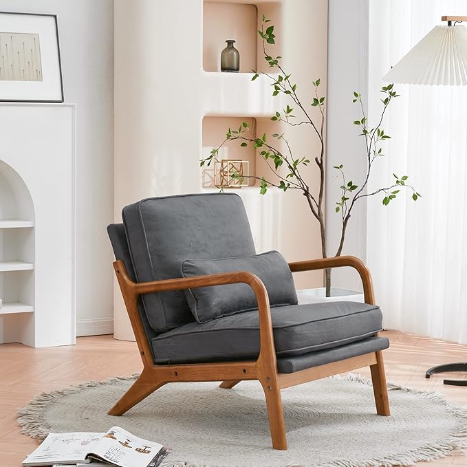 Bonnlo Microfiber Dark Grey Mid Century Modern Accent Chair, Soild Wood Padding Lounge Armchairs Side Sitting Chairs for Living Room, Bedroom, Guest Room