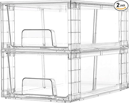 Vtopmart 2 Pack Stackable Storage Drawers,Clear Acrylic Drawer Organizers with Handles, Easily Assemble Containers for Fridge, Bathroom,Kitchen Undersink,Cabinet,Pantry Organization and Storage