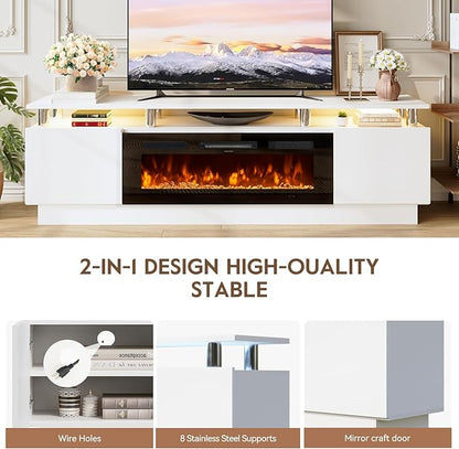 70" TV Stand & Entertainment Center, Media Console with Storage Shelves, Fits TVs up to 80", Modern Living Room Furniture, 36" Electric Fireplace (White+Black)