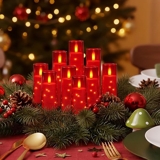 Raycare Flameless Candle with Remote Timer – 9 Flickering Acrylic Battery Operated LED Pillar Candles with Embedded Star String for Christmas, Home Decor, and as a Gift (Red)