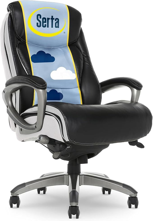 Serta® Lautner Executive Home Office Desk Chair, Ergonomic High-Back with Adjustable Lumbar and Body Pillows, SmartLayers™ and ComfortCoils® Technology, Mesh and Bonded Leather, Black and White