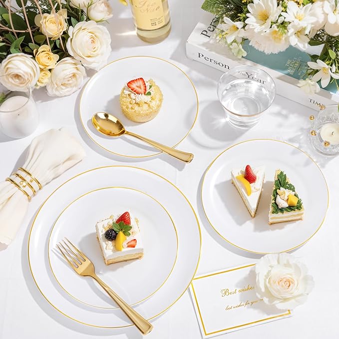 KIRE 175PCS Gold Plates Disposable - Holiday Heavy Duty White and Gold Plastic Plates Dinnerware Sets - 25 for Dinner 25 for Dessert 25 Pre Rolled Napkins and 25 Cups for Birthday/Christmas/Wedding