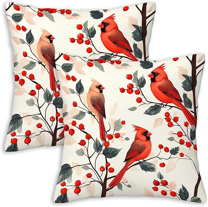 Red Cardinal Bird Throw Pillow Covers 18x18 Set of 2, Home Decorative Cushion Cases for Couch, Sofa, Bed and Living Room, Berry Decor Pillowcases for Spring, Summer, Autumn and Winter