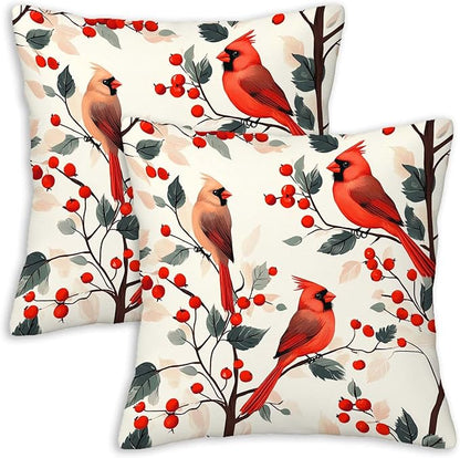 Red Cardinal Bird Throw Pillow Covers 18x18 Set of 2, Home Decorative Cushion Cases for Couch, Sofa, Bed and Living Room, Berry Decor Pillowcases for Spring, Summer, Autumn and Winter