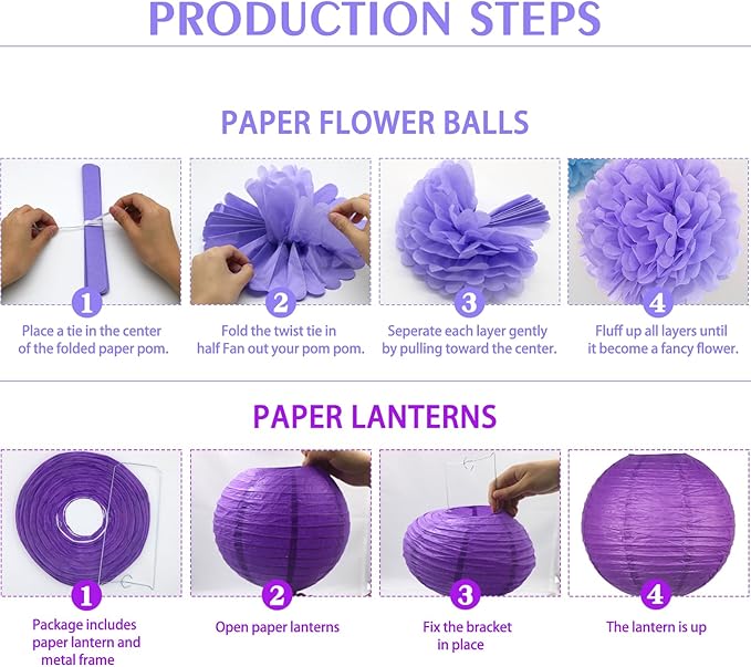 KAXIXI Hanging Party pom pom Set, 15pcs Purple Gold Paper Flowers Pom Poms Balls and Paper Lanterns for Wedding Birthday Bridal Baby Shower Graduation, LanternPomPom010
