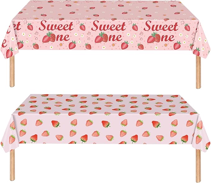 2 Pack Strawberry Tablecloths Plastic 54 X 108Inch, Strawberry Birthday Decorations Table Cloth Disposable Sweet One Table Covers for Baby Shower Birthday Party Supplies