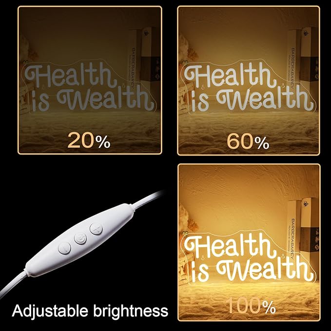 NOSUN Health is Wealth Neon Sign Healths Neon Signs for Wall Decor Warm White Letter Sign with USB Neon Word Sign for Bedroom Office Party Club Light Up Signs Wealth Neon Decoration LED Light