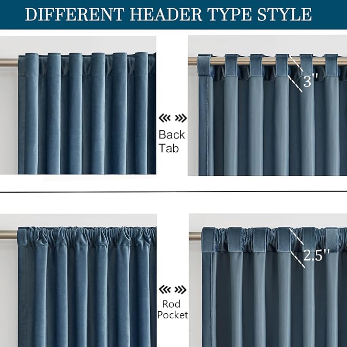 PRIMROSE Velvet Curtains 90 inch Long for Living Room,Set of 2 Panels Stone Grayish Blue Blackout Rod Pocket Back Tab Window Treatment Room Darkening Heavy Decorative Curtains Drapes for Bedroom