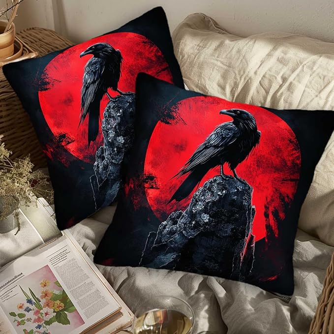 Raven Throw Pillow Covers Set of 2 | 18x18 Inches Cushion Cases for Couch, Sofa, Bedroom and Living Room | Gothic Pillowcases for Home Decoration