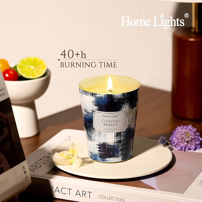 HomeLights Large jar Candle | 1-Wick Long-Lasting Scented Candles, 6.7oz Natural Soy Wax Candle for Home Scented, Scandinavian Minimalist Design Gifts for Women & Men, Coastal Breeze