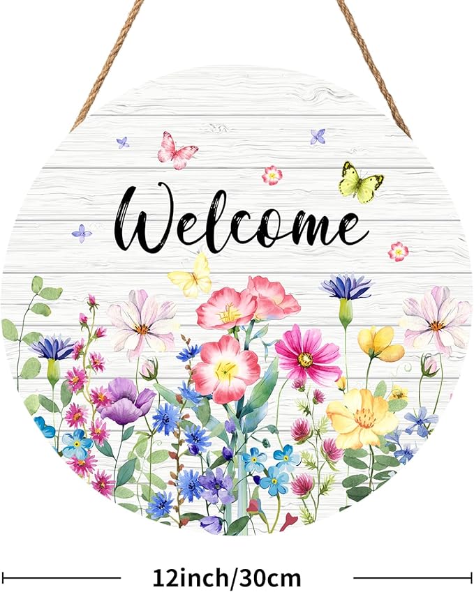 Spring Wildflowers Welcome Sign for Front Door Spring Summer Decorations Welcome Door Hanger Sign Spring Floral Butterfly Wooden Wreath Seasonal Farmhouse Wreaths for Wall Front Door Porch 12"x12"