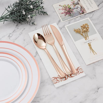 BESTVIP 700PCS Rose Gold Disposable Dinnerware Set for 100 Guests, Plastic Plates for Party, Wedding, Christmas, Halloween, Include: 200 Plastic Plates, 100 Gold Silverware, 100 Cups, 100 Napkins