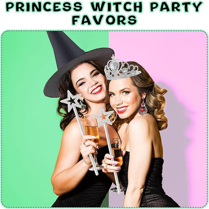 18 Pcs Halloween Witch Hats Glitter Star Wands Princess Crowns Set Black Wizard Hats Sparkling Princess Accessories for Adults Witch Halloween Cosplay Party Supplies Pink Green Party Decor Photo Props