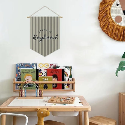 Boys Room Decor, Long Live Boyhood Boy Nursery Linen Canvas Banner, Grey Striped Wall Hanging Pennant Flag Banner for Boys Nursery Kids Toddler Room Bedroom Playroom Decor, 15x11in