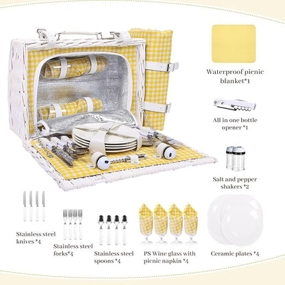 Neti Neti Wicker Picnic Basket for 4 with Insulated Cooler & Waterproof Blanket – Large Willow Picnic Hamper for Outdoor, Camping, Beach, Romantic Dates, Valentine’s Day