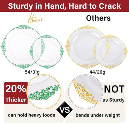 Hioasis 175pcs Clear Green Plastic Plates - Elegant Disposable Dinnerware Set Suitable for 25 Guests Include 10.25" Dinner & 7.5" Dessert Plates, Pre Rolled Silverware Set, Cups for Party & Christmas