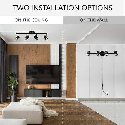 GLOBE Electric 64000119 4-Light Plug-in Track Lighting, Matte Black Finish, Adjustable Heads, Wall or Ceiling Mount, Modern Industrial Design