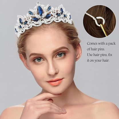 Silver Tiara for Women Sapphire Crown for Girls Wedding Princess Birthday Crystal Rhinestones Headbands for Prom Bridal Party Halloween Costume Christmas Gift