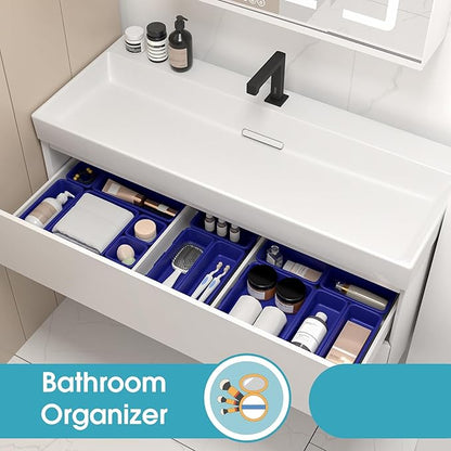 6 PCS Drawer Organizer Set, 3 Size Makeup Drawer Divider Organizer With Non-Slip Pads, Interlocking Plastic Storage Bins for Office,Jewelry Vanity,Gadgets, Bathroom,Kitchen, Navy