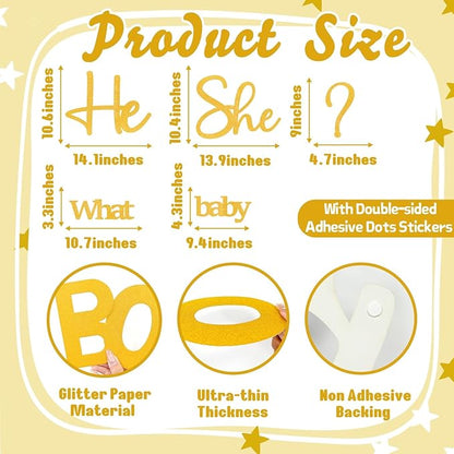 Golden Glitter Paper Gender Reveal Decals for Backdrop Large Oh Baby Shower Party Sign He or She What Will Baby Be Balloon Arch Decor Girl or Boy Letters Cutouts Sticker Pregnancy Party Banner Ideas