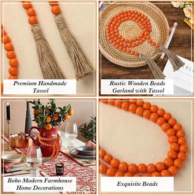 Wood Bead Garland 58 Inch Orange Wooden Beads for Boho Farmhouse Table Home Decor with Tassel, Wooden Prayer Bead, Rustic Country Boho Wall Hanging Decor for Kitchen Modern Living Room Tray Vase Shelf