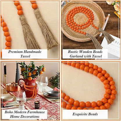 Wood Bead Garland 58 Inch Orange Wooden Beads for Boho Farmhouse Table Home Decor with Tassel, Wooden Prayer Bead, Rustic Country Boho Wall Hanging Decor for Kitchen Modern Living Room Tray Vase Shelf
