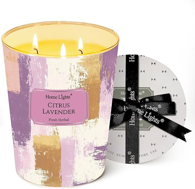 HomeLights Citrus Lavender Scented Candles | 34oz Soy Candles Scandinavian Minimalist Design 3-Wick Large Candle Jars | Ideal Candle Gifts for Events, Home Decor Stress, Relief & Relaxation