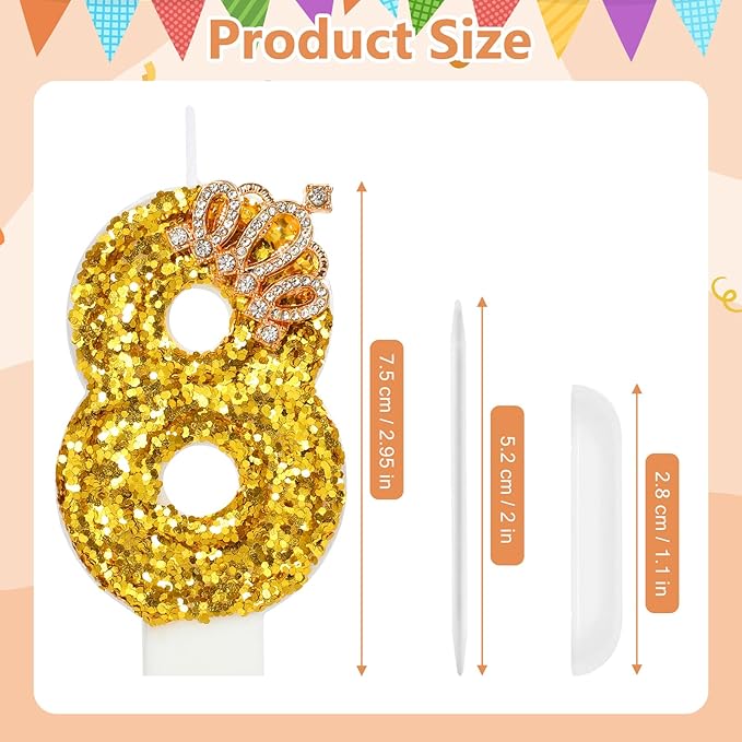 Gold Birthday Candle Crown Number 8 Candle with Sequins Cake Candles Cupcake Decorations Party Decor for Anniversary Celebrations Supplies