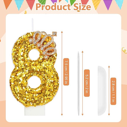Gold Birthday Candle Crown Number 8 Candle with Sequins Cake Candles Cupcake Decorations Party Decor for Anniversary Celebrations Supplies