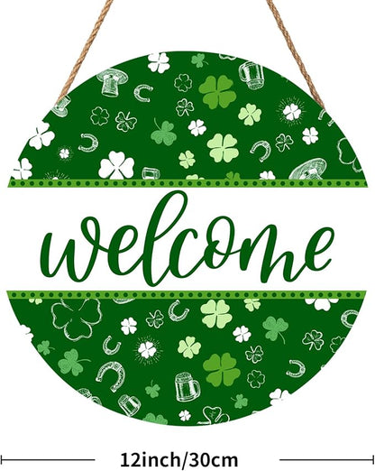 St Patricks Day Welcome Door Decoration for Home Welcome Shamrock Wreath Sign for Front Door St Patricks Day Outdoor Decorations Hanging Wooden Sign for Home Proch Spring Farmhouse 12x12 Inch