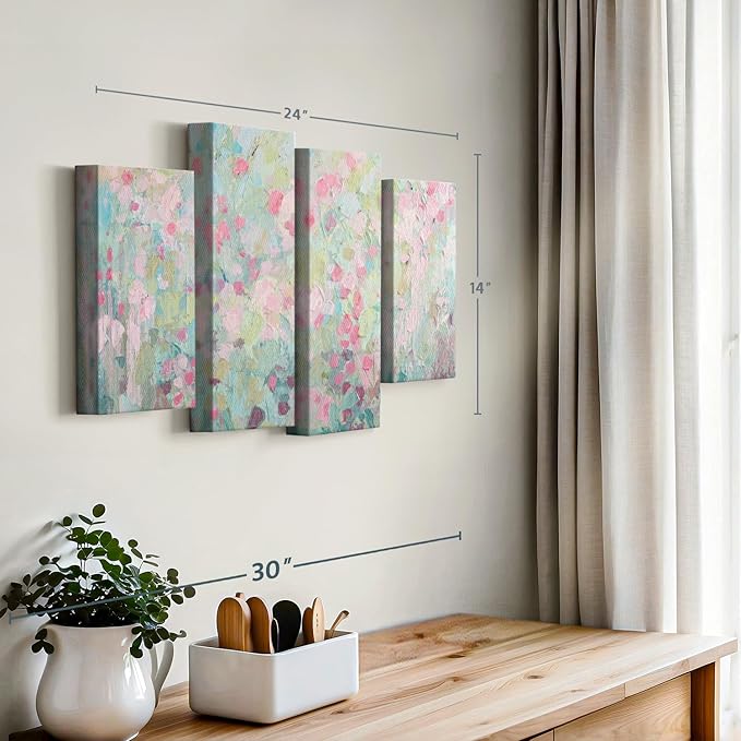 ElephantStock Dancing Sakura Tree Wall Art - Horizontal Canvas - 4-Piece Living Room Wall Decor - Painting Abstract Canvas Print - Pink and Blue Decor for Wall by Ann Marie Coolick - 24" X 14"