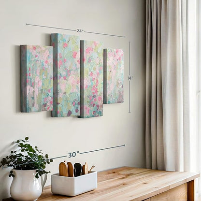 ElephantStock Dancing Sakura Tree Wall Art - Horizontal Canvas - 4-Piece Living Room Wall Decor - Painting Abstract Canvas Print - Pink and Blue Decor for Wall by Ann Marie Coolick - 24" X 14"