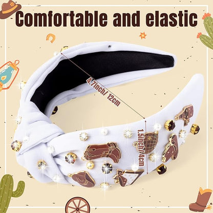 PANTIDE Western Jeweled Knotted Headband - Brown Cowgirl boots Hat Rhinestone Crystal Embellished Headband Wide Top Knot Fashion Hairband Hair Accessories Birthday Gift for Cowboy Women Girls (White)
