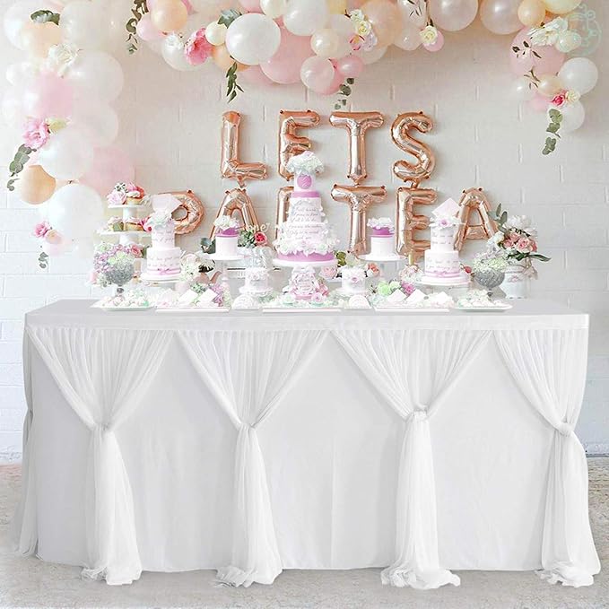 Besutolife White Tulle Table Skirt 14ft Wrinkle-Free Tutu Tablecloth for Gender Reveal, Wedding, Birthday, Reception, Banquet, Photo Booth, Party Table Decorations