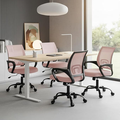DUMOS Home Office Chair - Ergonomic Mid Back Mesh Desk Chair with Lumbar Support & Rocking Mode, Height Adjustable with Fixed Armrest, for Computer, Gaming, Meeting, Pink, 2 Pack