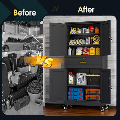 Metal Tall Storage Cabinet with Drawer, Garage Storage Cabinet with Locking Doors and 3 Adjustable Shelves, 71" H Steel Cabinets for Garage, Home, Office, Black, Assembly Required
