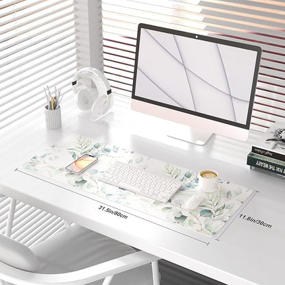 QIYI Large Mouse Pad, Cute Green Leaves Desk Mat for Desktop, Women Girls Office Décor Desk Accessories, PU Leather Waterproof Gaming Mousepad, Eucalyptus Leaf Desk Pad Computer Mat, 31.5" x 11.8"