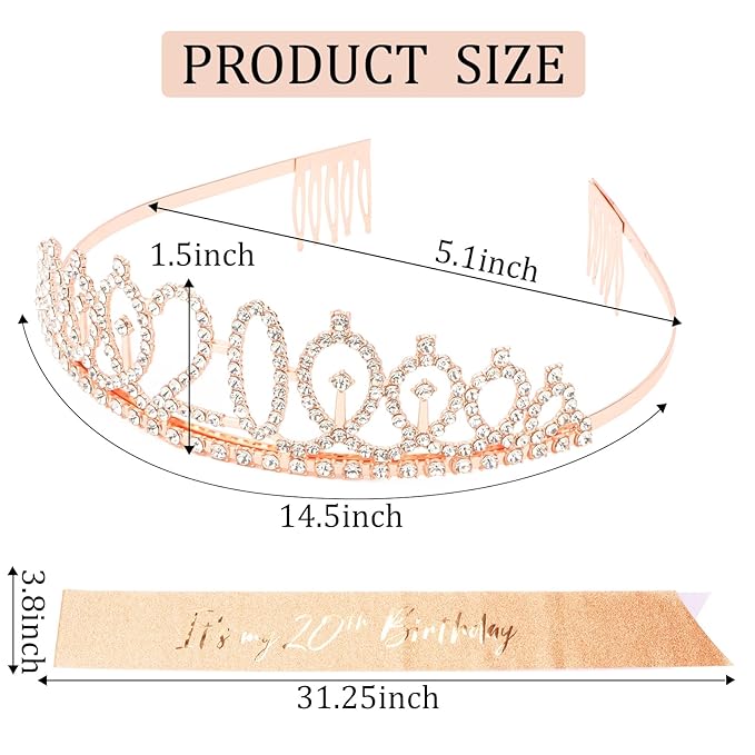 CIEHER 20th Birthday Crown and Sash for Girls, It's My 20 Bday Sash, 20th Birthday Decorations Rose Gold