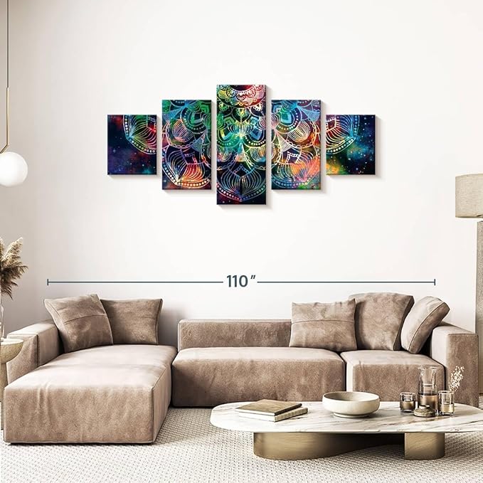 ElephantStock - Celestial Mandala Wall Art - Horizontal Multi Panel Canvas - 5 Piece Living Room Wall Decor - Digital Art Elements Multi Piece Wall Art - Turquoise And Blue Decor - 74" x 34"