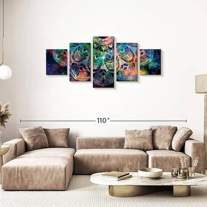 ElephantStock - Celestial Mandala Wall Art - Horizontal Multi Panel Canvas - 5 Piece Living Room Wall Decor - Digital Art Elements Multi Piece Wall Art - Turquoise And Blue Decor - 74" x 34"