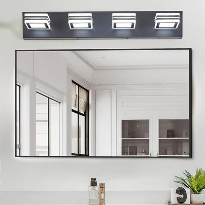 4 Light Bathroom Square Shape Vanity Light Over Mirror Modern 25.6in Led Vanity Light Fixture Lights for Bath Dimmable Matt Black
