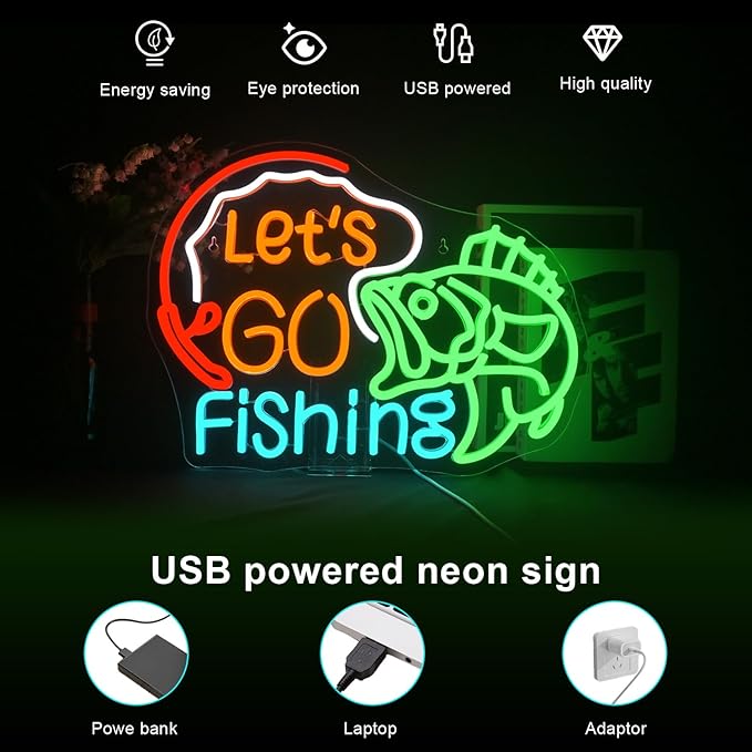 Lucunstar Let's Go Fishing Neon Sign Dimmable Fish Neon Light for Wall Decor LED USB Powered Fishing Hook Lights for Bedroom Living Room Man Cave Yacht Decor Men Gifts