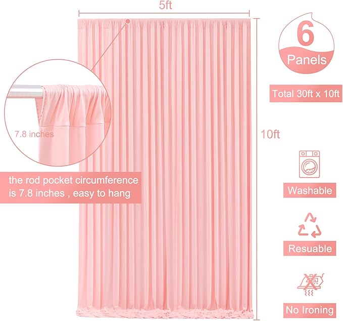 6 Panels Blush Pink Backdrop Curtain for Parties Baby Shower Wrinkle Free Pink Photo Curtains Backdrop Drapes Fabric Decoration for Wedding Birthday Party 30ft(W) x 10ft(H)